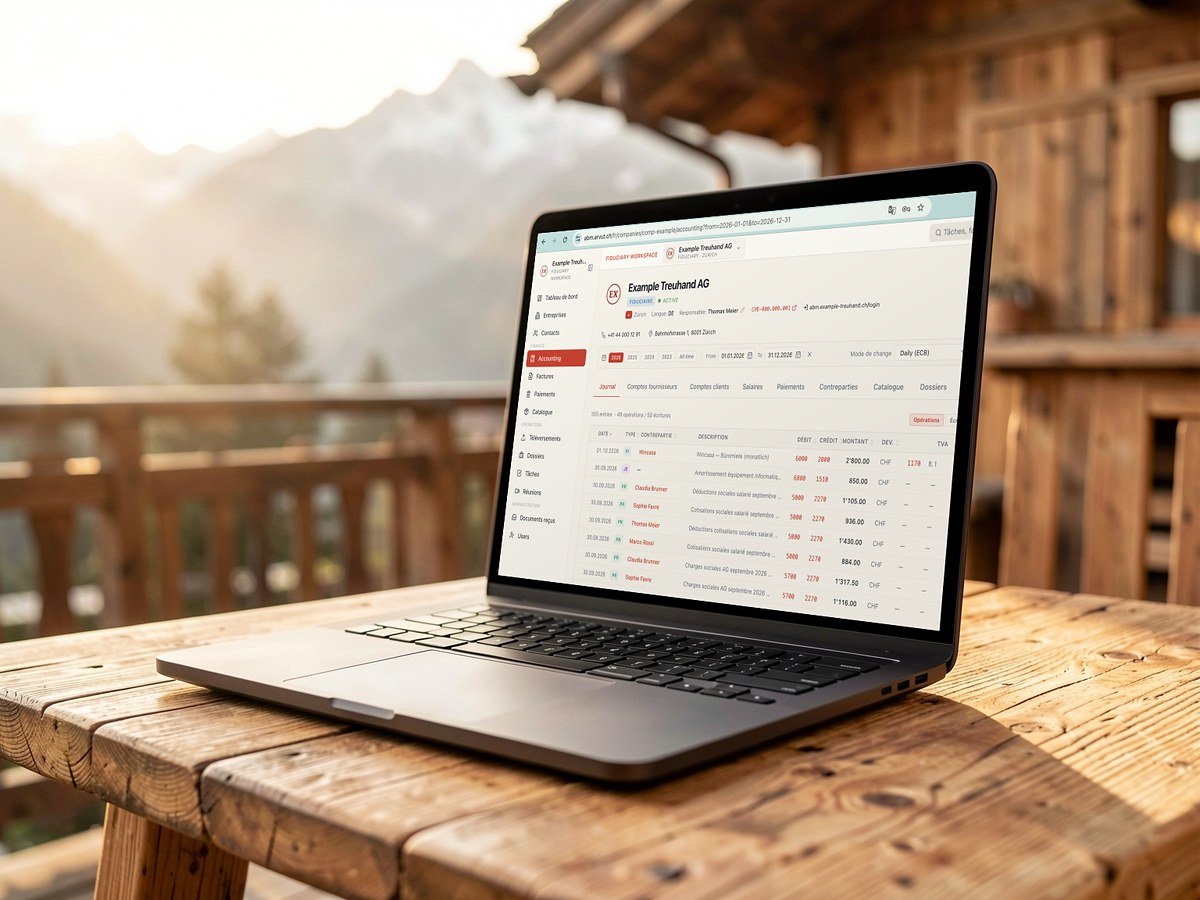Un portable AWC sur la terrasse d'un chalet de montagne
